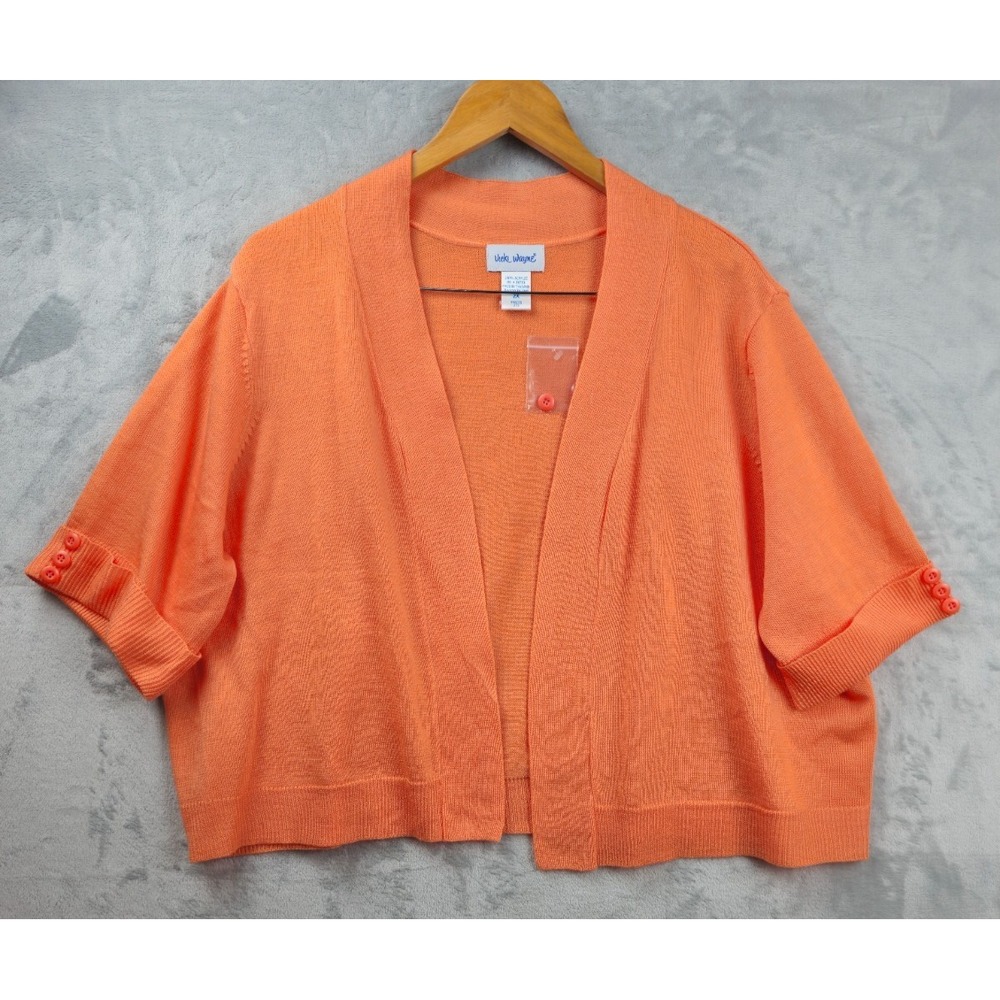 Vicki Wayne Open Cardigan Sweater Plus‎ 2X Cropped Orange Cuff Sleeve Acrylic